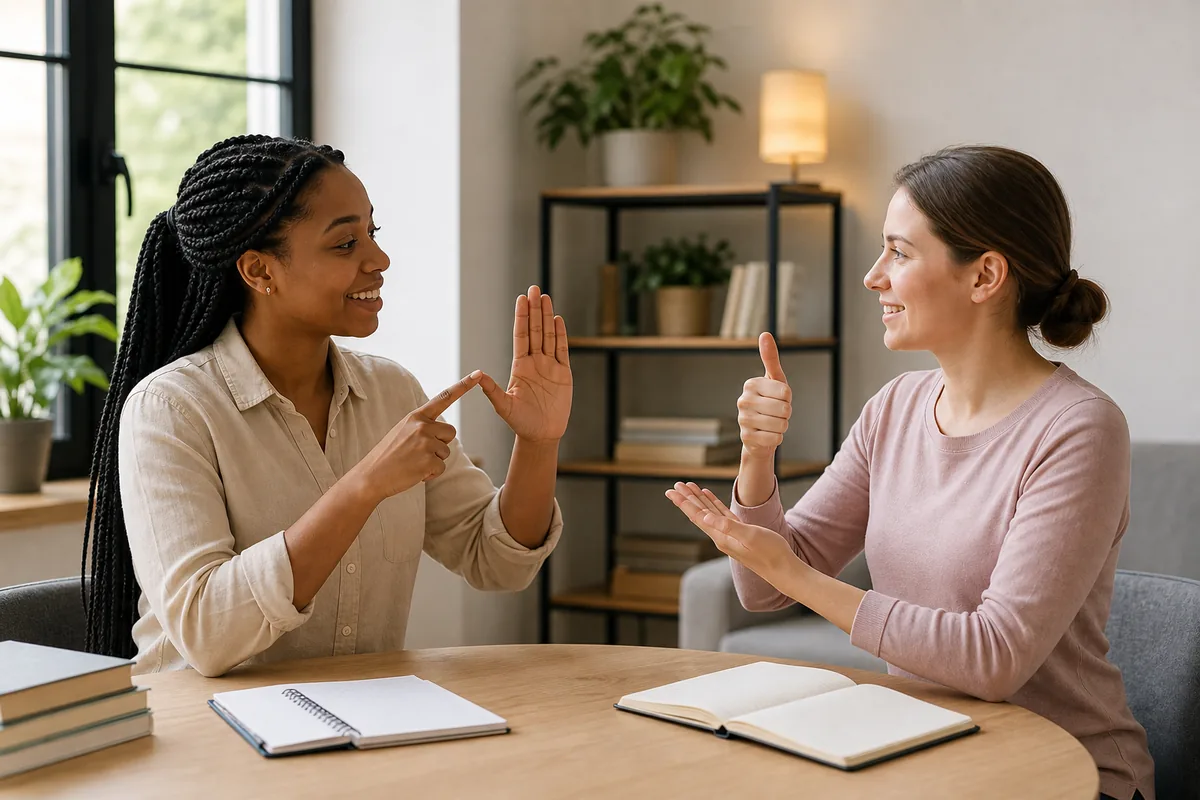 ASL tutor and learner practicing hand signs during a lesson
