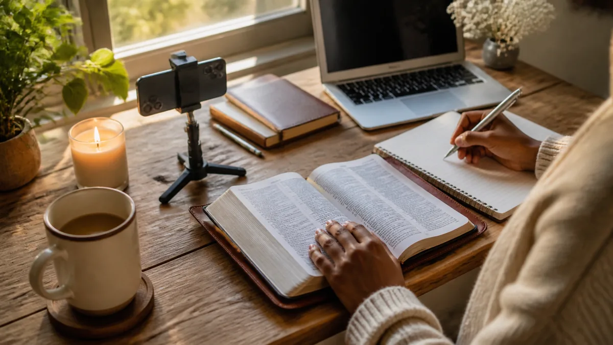 Hands writing faith-inspired content in a notebook