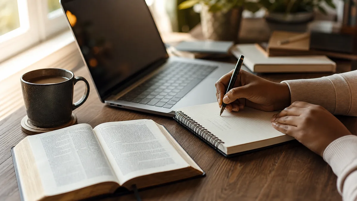 Creative writing desk with notebook and laptop